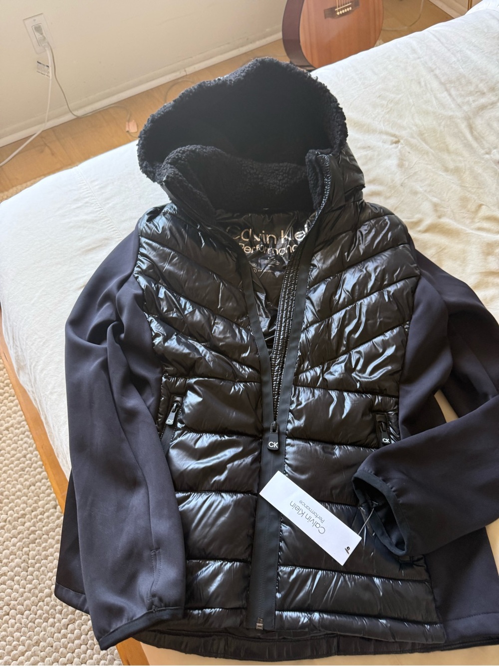 Calvin Klein Black Hybrid Puffer Jacket with Sherpa Hood